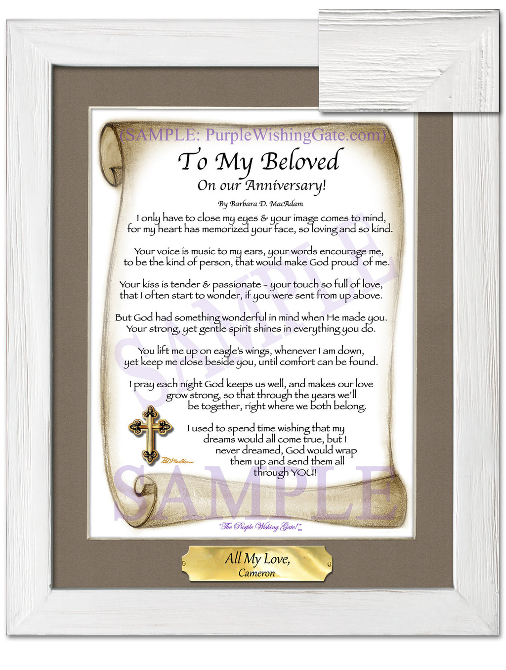 To My Beloved on our Anniversary: Sepia Scroll / 8x10 w/Nameplate / 8x10 White Wash
