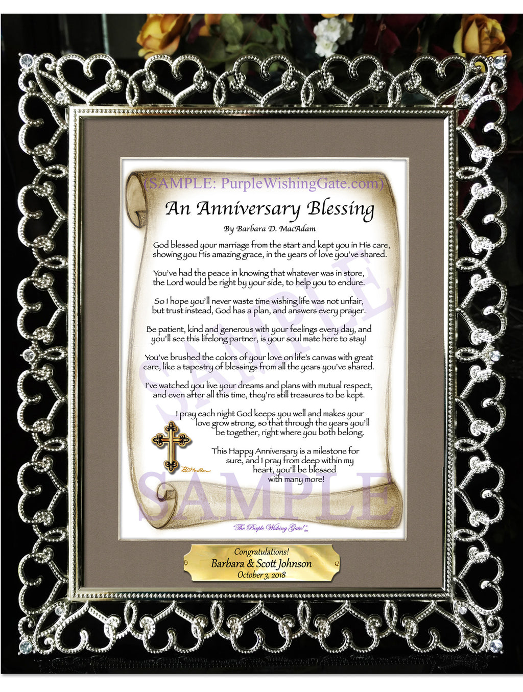 An Anniversary Blessing: Sepia Scroll / 8x10 w/Nameplate / 8x10 Crystal-Silver Hearts
