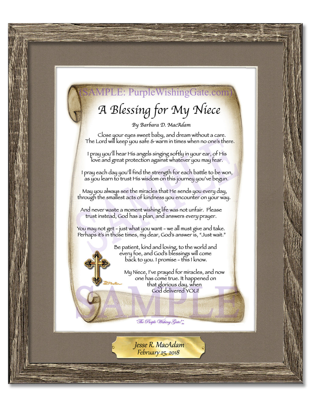 A Blessing for My Niece (baby): Sepia Scroll / 8x10 w/Nameplate / 8x10 Birchwood
