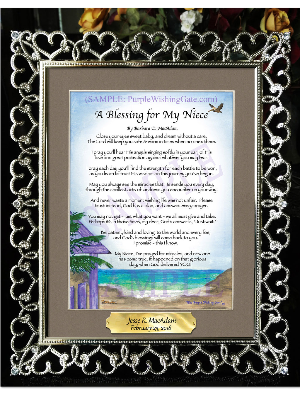 A Blessing for My Niece (baby): Paradise Cove / 8x10 w/Nameplate / 8x10 Crystal-Silver Hearts
