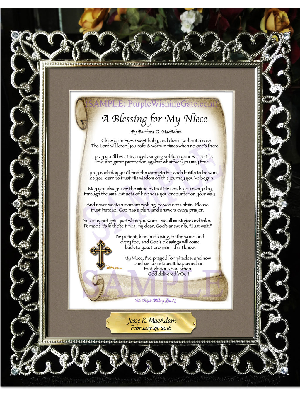 A Blessing for My Niece (baby): Sepia Scroll / 8x10 w/Nameplate / 8x10 Crystal-Silver Hearts
