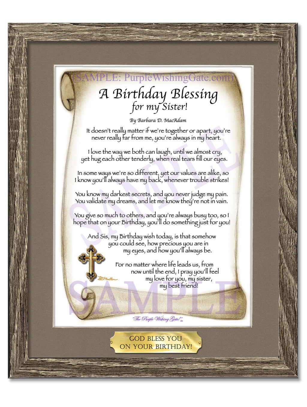 A Birthday Blessing for my Sister: Sepia Scroll / 8x10 w/Nameplate / 8x10 Birchwood
