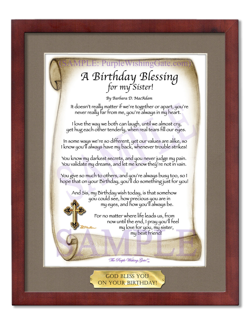 A Birthday Blessing for my Sister: Sepia Scroll / 8x10 w/Nameplate / 8x10 Classic Walnut
