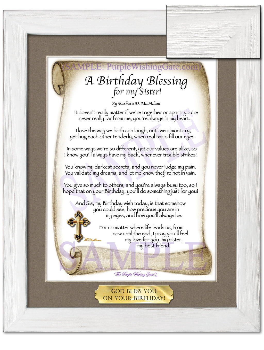 A Birthday Blessing for my Sister: Sepia Scroll / 8x10 w/Nameplate / 8x10 White Wash
