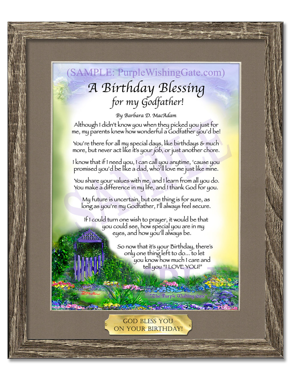 A Birthday Blessing for my Godfather: Purple Wishing Gate / 8x10 w/Nameplate / 8x10 Birchwood
