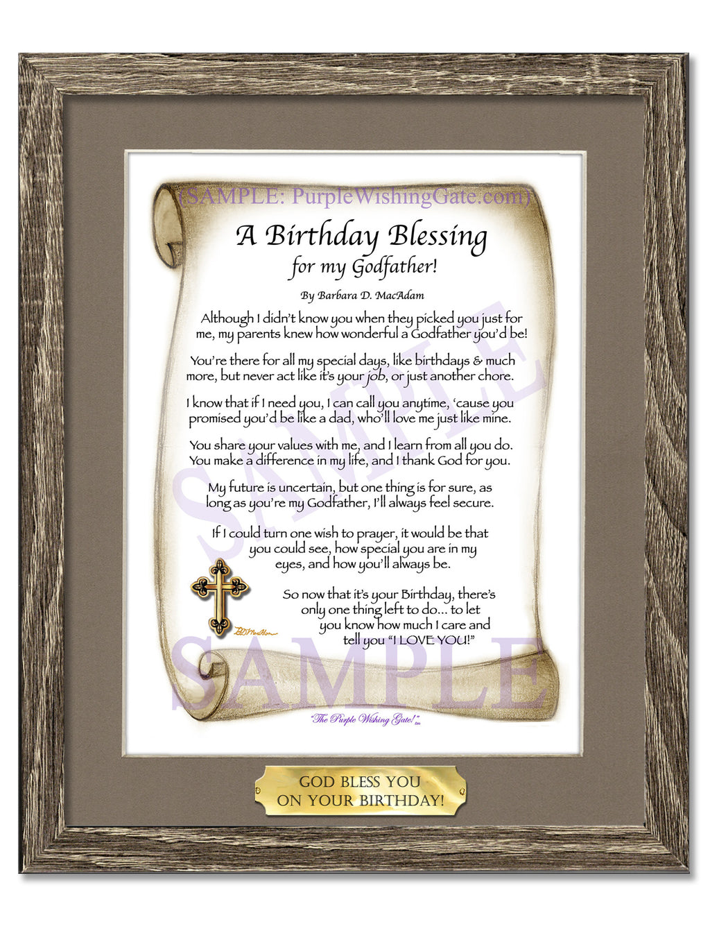 A Birthday Blessing for my Godfather: Sepia Scroll / 8x10 w/Nameplate / 8x10 Birchwood
