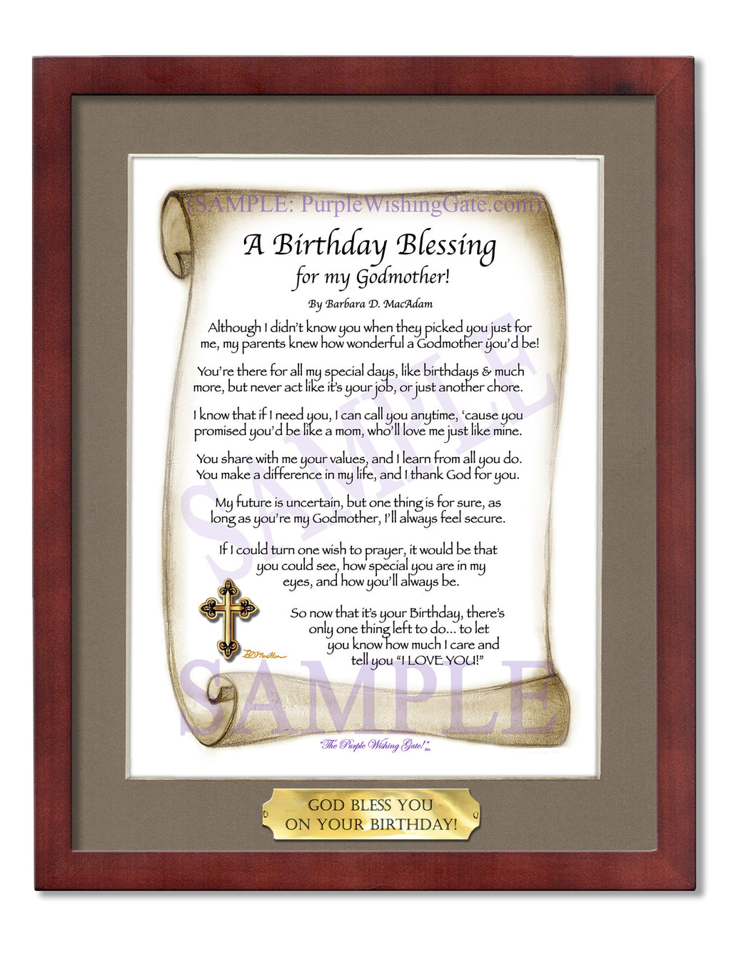 A Birthday Blessing for my Godmother: Sepia Scroll / 8x10 w/Nameplate / 8x10 Classic Walnut
