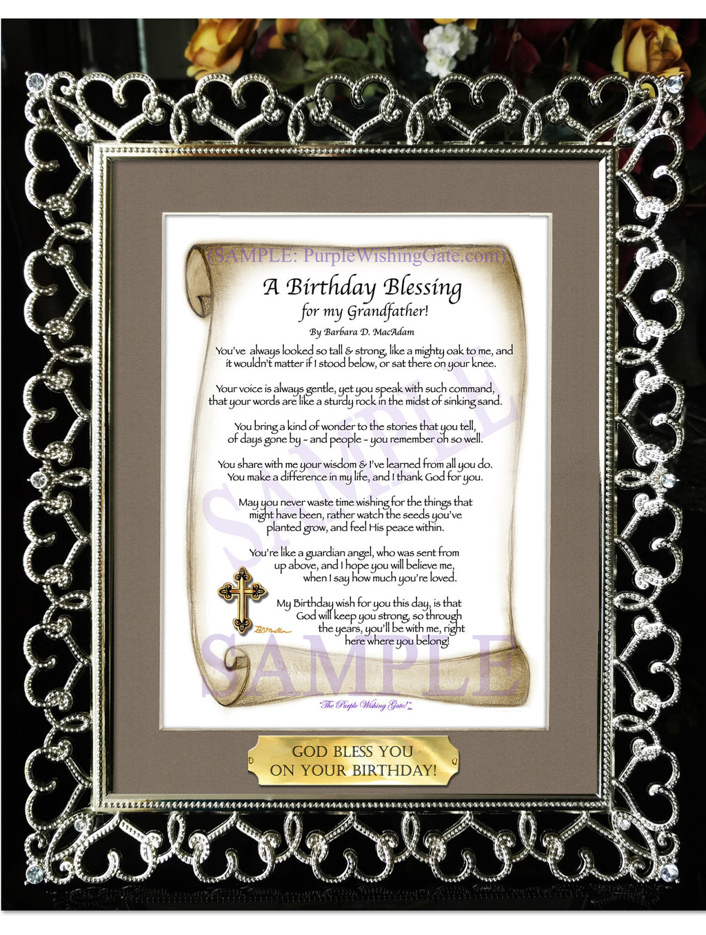 A Birthday Blessing for my Grandfather: Sepia Scroll / 8x10 w/Nameplate / 8x10 Crystal-Silver Hearts
