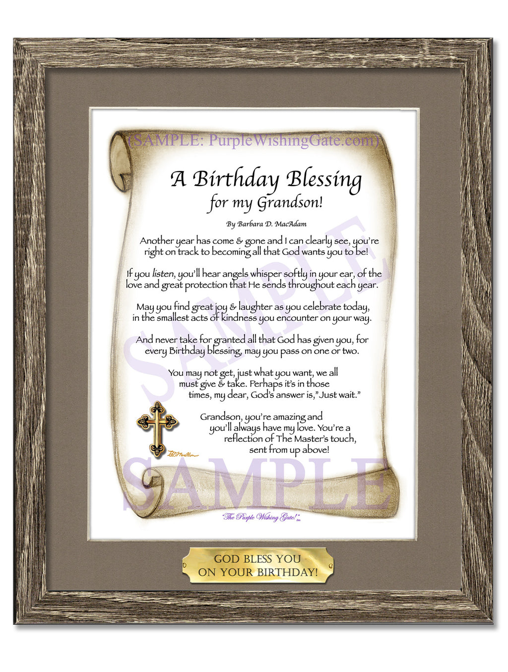 A Birthday Blessing for my Grandson: Sepia Scroll / 8x10 w/Nameplate / 8x10 Birchwood
