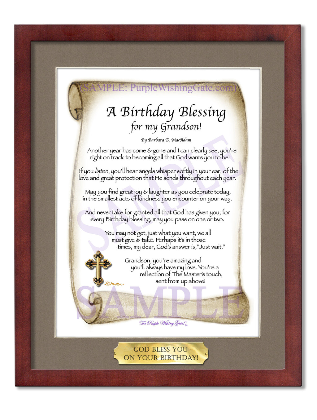 A Birthday Blessing for my Grandson: Sepia Scroll / 8x10 w/Nameplate / 8x10 Classic Walnut
