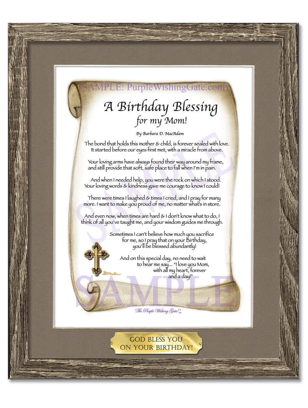A Birthday Blessing for my Mom: Sepia Scroll / 8x10 w/Nameplate / 8x10 Birchwood
