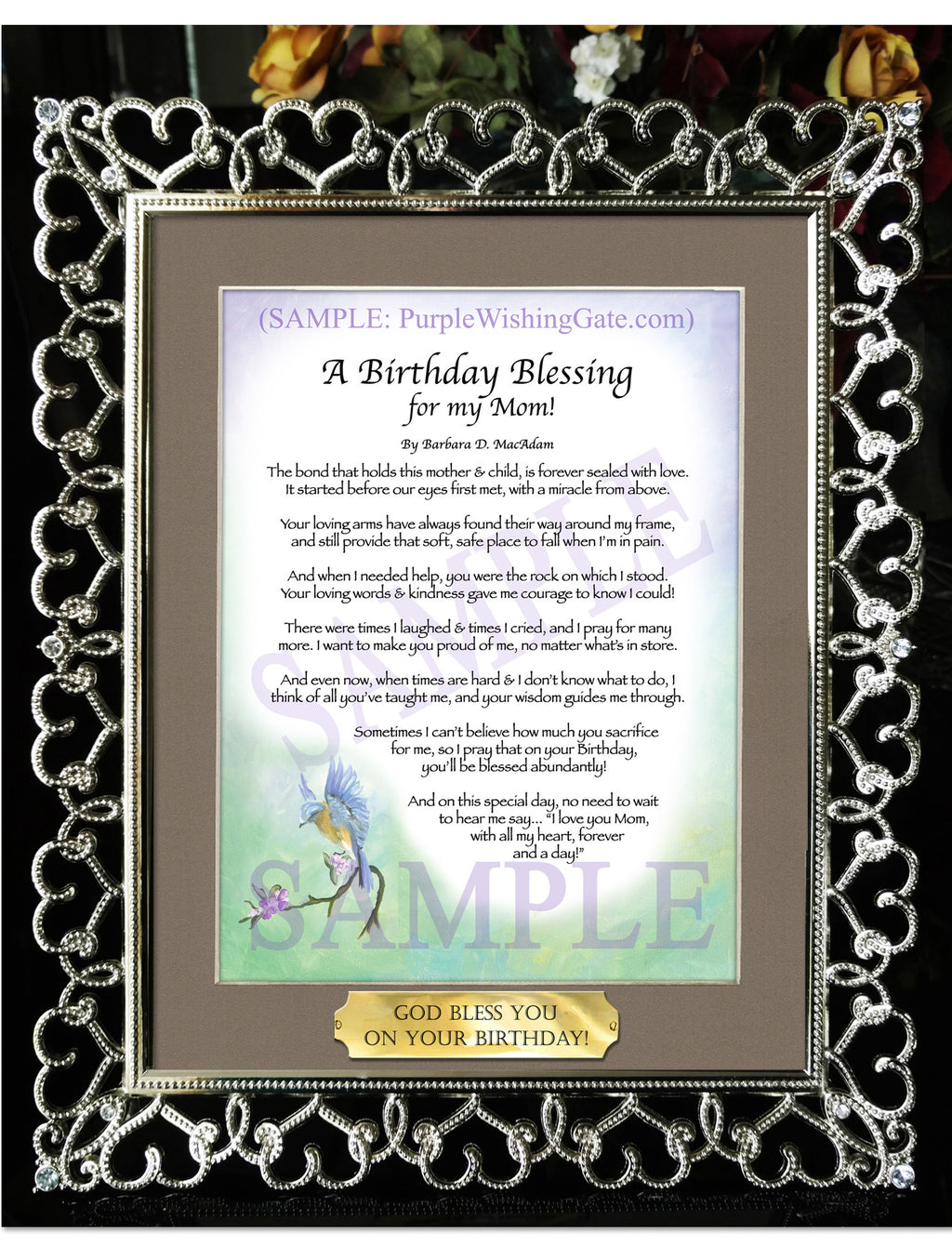A Birthday Blessing for my Mom: Bluebird / 8x10 w/Nameplate / 8x10 Crystal-Silver Hearts
