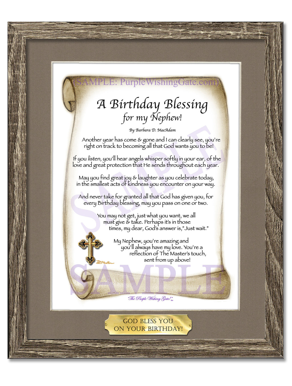 A Birthday Blessing for my Nephew: Sepia Scroll / 8x10 w/Nameplate / 8x10 Birchwood
