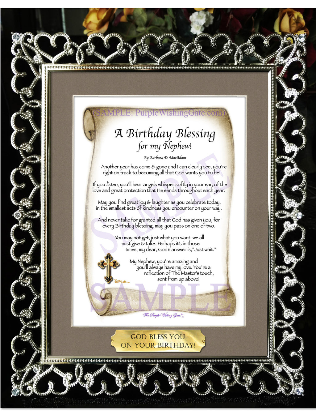 A Birthday Blessing for my Nephew: Sepia Scroll / 8x10 w/Nameplate / 8x10 Crystal-Silver Hearts
