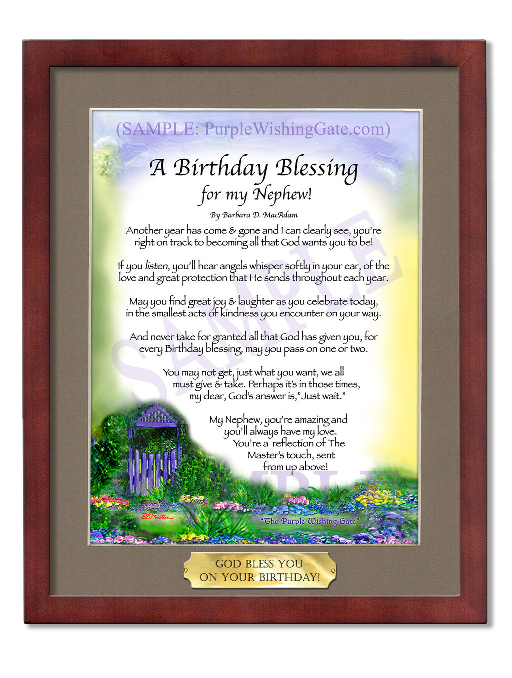 A Birthday Blessing for my Nephew: Purple Wishing Gate / 8x10 w/Nameplate / 8x10 Classic Walnut
