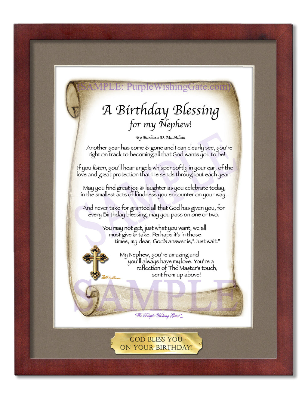 A Birthday Blessing for my Nephew: Sepia Scroll / 8x10 w/Nameplate / 8x10 Classic Walnut
