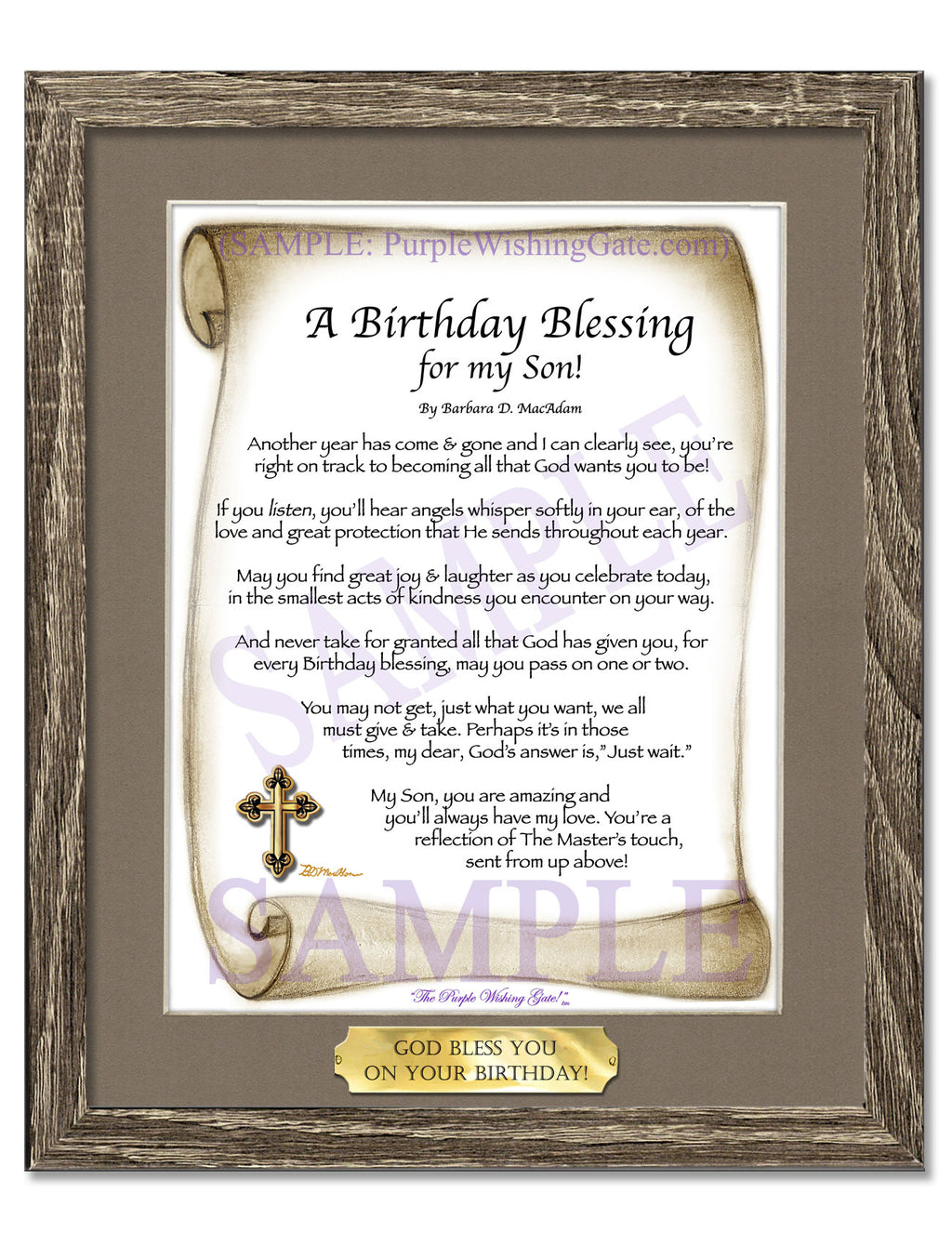 A Birthday Blessing for my Son: Sepia Scroll / 8x10 w/Nameplate / 8x10 Birchwood
