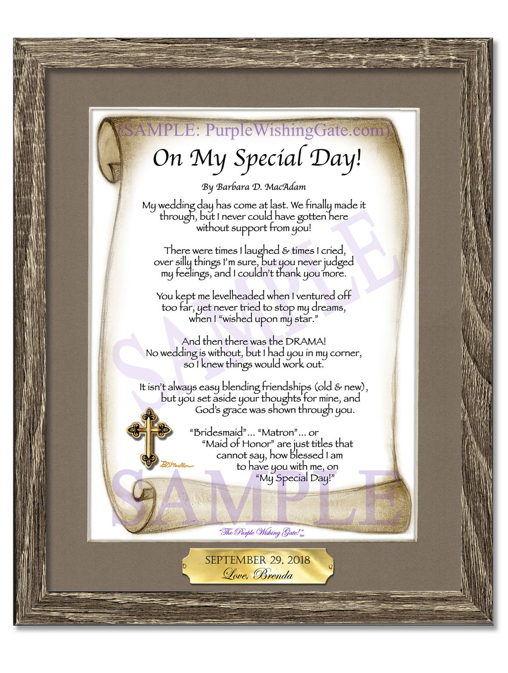 On My Special Day | Bridal Party Gift: Sepia Scroll / 8x10 w/Nameplate / 8x10 Birchwood
