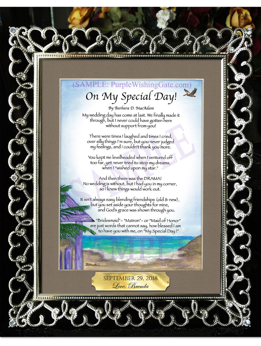 On My Special Day | Bridal Party Gift: Paradise Cove / 8x10 w/Nameplate / 8x10 Crystal-Silver Hearts
