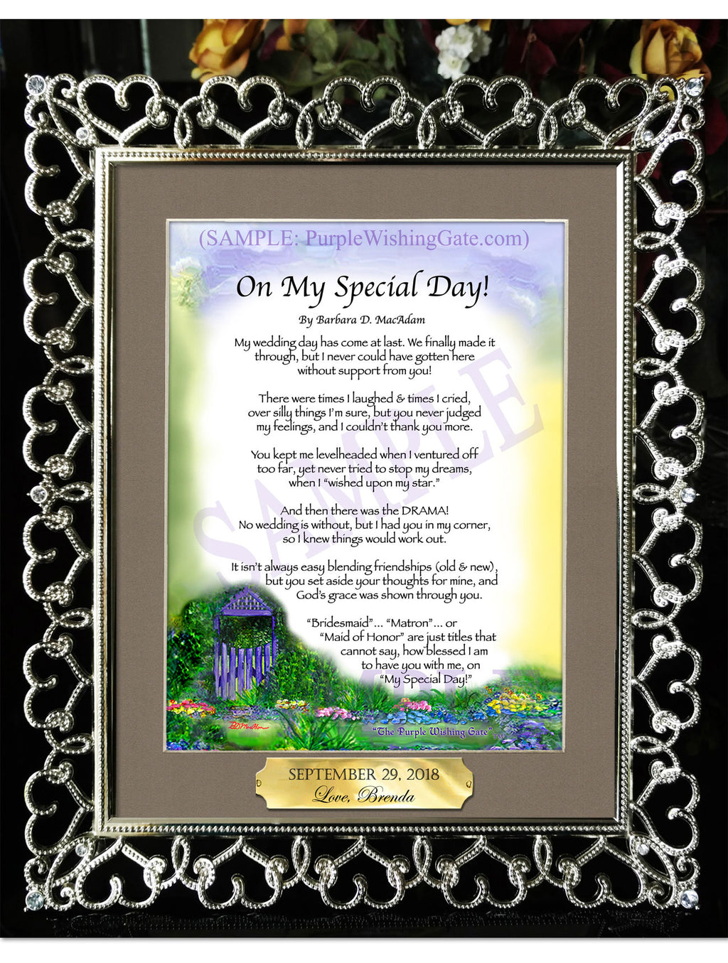 On My Special Day | Bridal Party Gift: Purple Wishing Gate / 8x10 w/Nameplate / 8x10 Crystal-Silver Hearts
