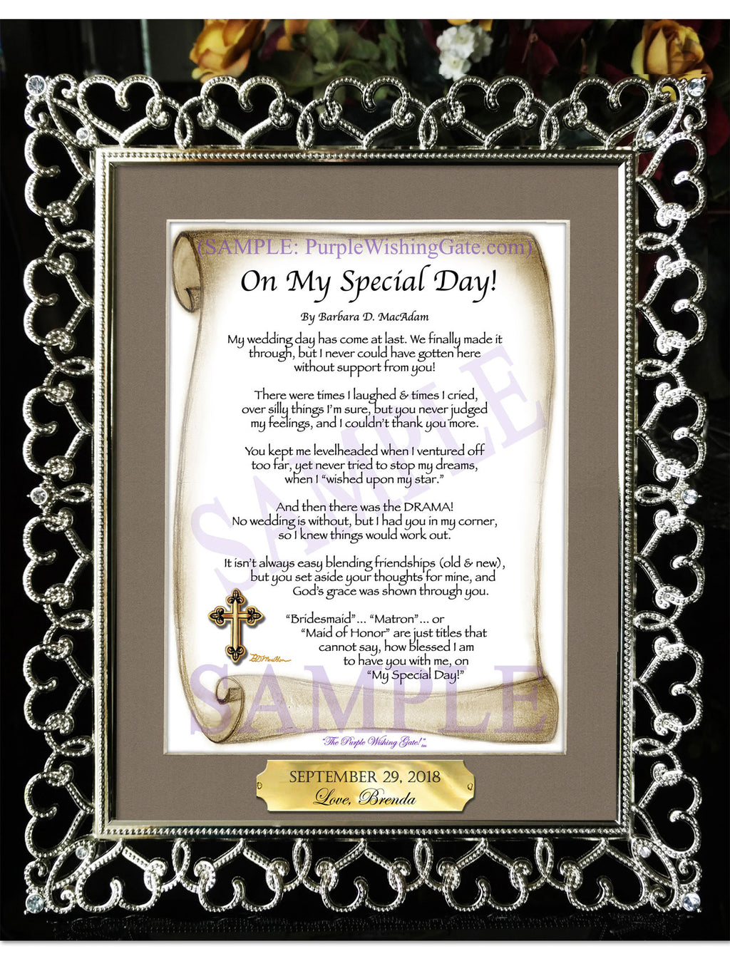 On My Special Day | Bridal Party Gift: Sepia Scroll / 8x10 w/Nameplate / 8x10 Crystal-Silver Hearts
