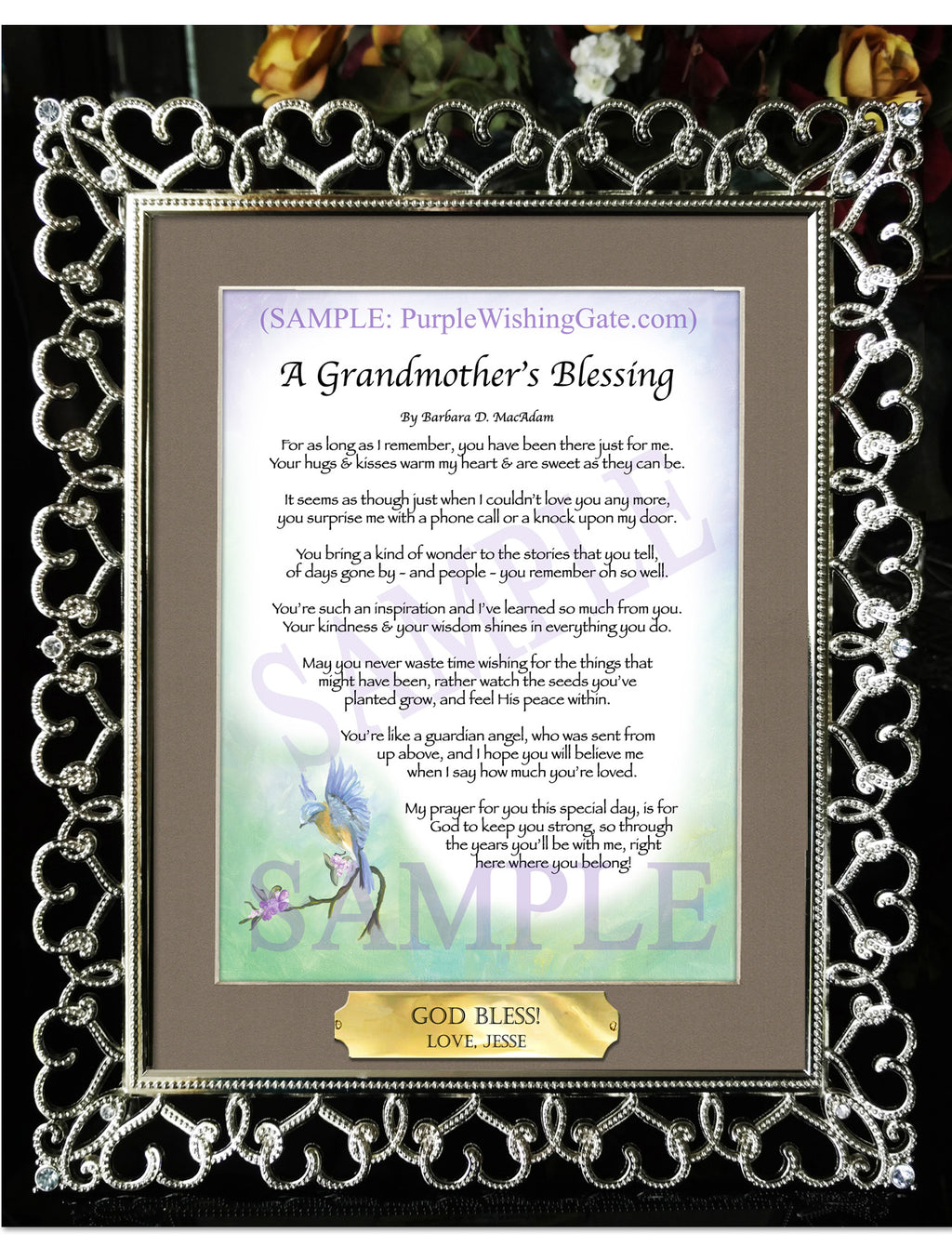 A Grandmother's Blessing: Bluebird / 8x10 w/Nameplate / 8x10 Crystal-Silver Hearts
