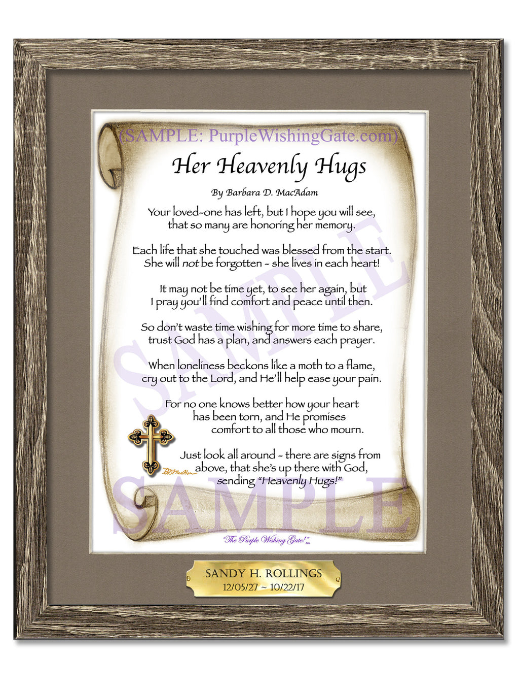 Her Heavenly Hugs: Sepia Scroll / 8x10 w/Nameplate / 8x10 Birchwood
