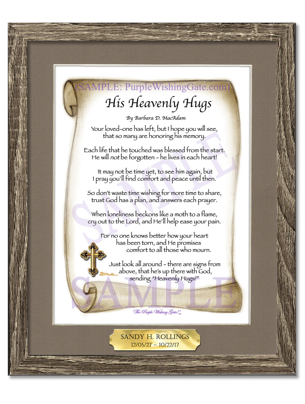 His Heavenly Hugs: Sepia Scroll / 8x10 w/Nameplate / 8x10 Birchwood
