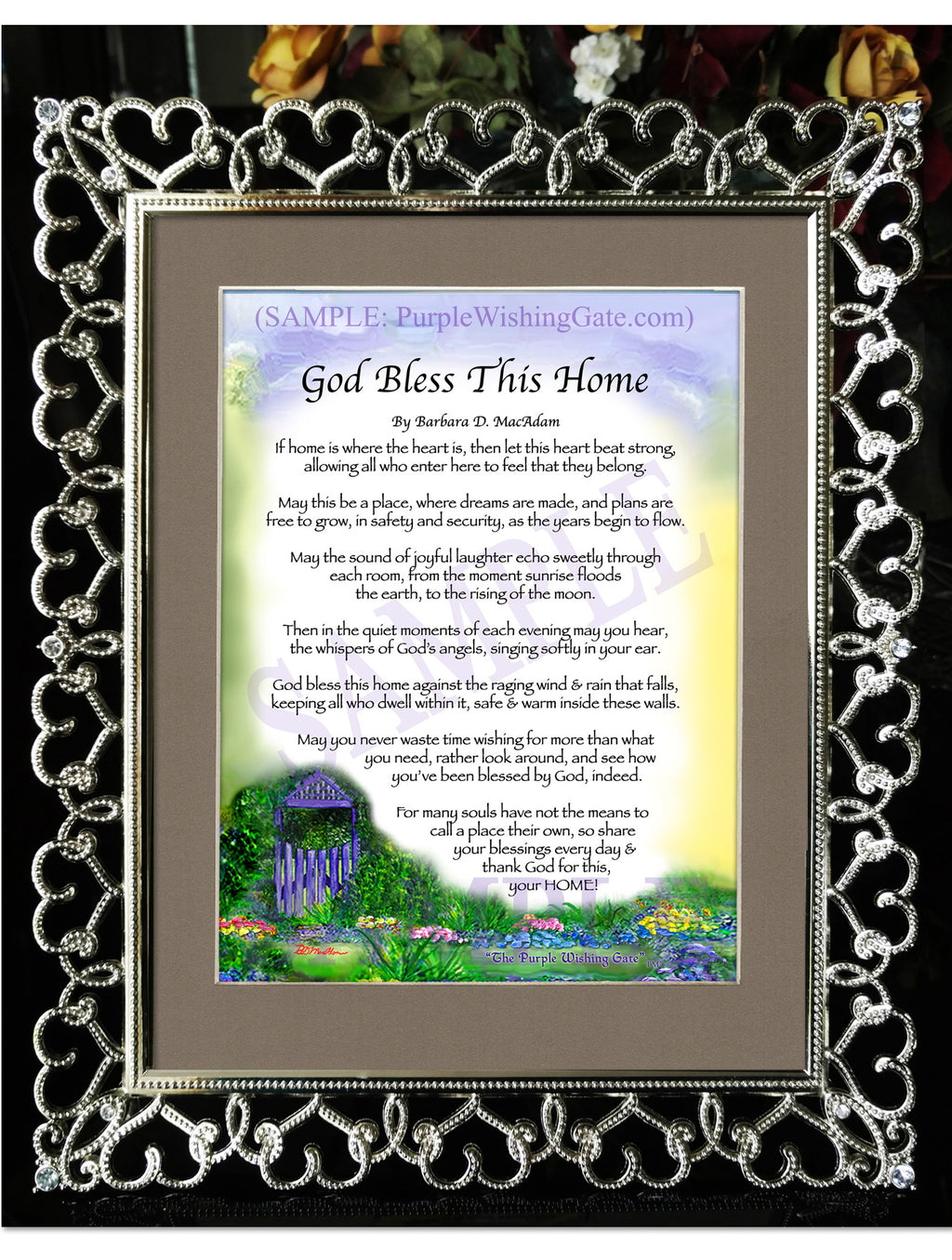 God Bless This Home: Purple Wishing Gate / 8x10 / 8x10 Crystal-Silver Hearts
