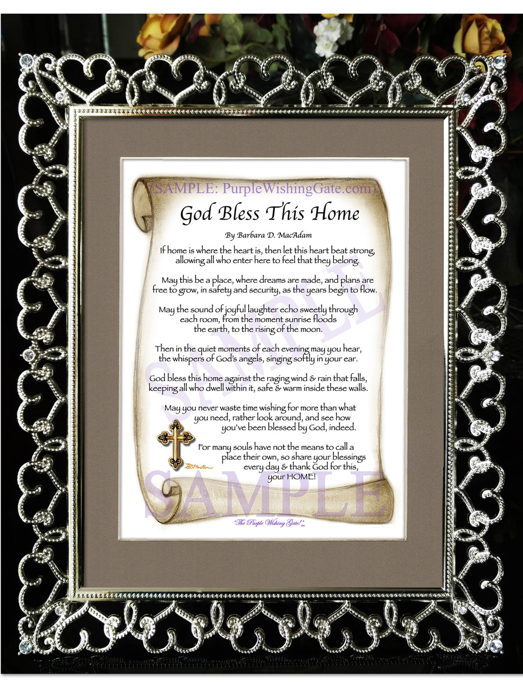God Bless This Home: Sepia Scroll / 8x10 / 8x10 Crystal-Silver Hearts
