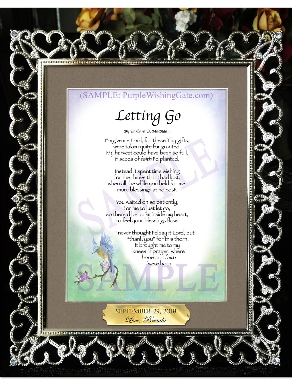 Letting Go: Bluebird / 8x10 w/Nameplate / 8x10 Crystal-Silver Hearts
