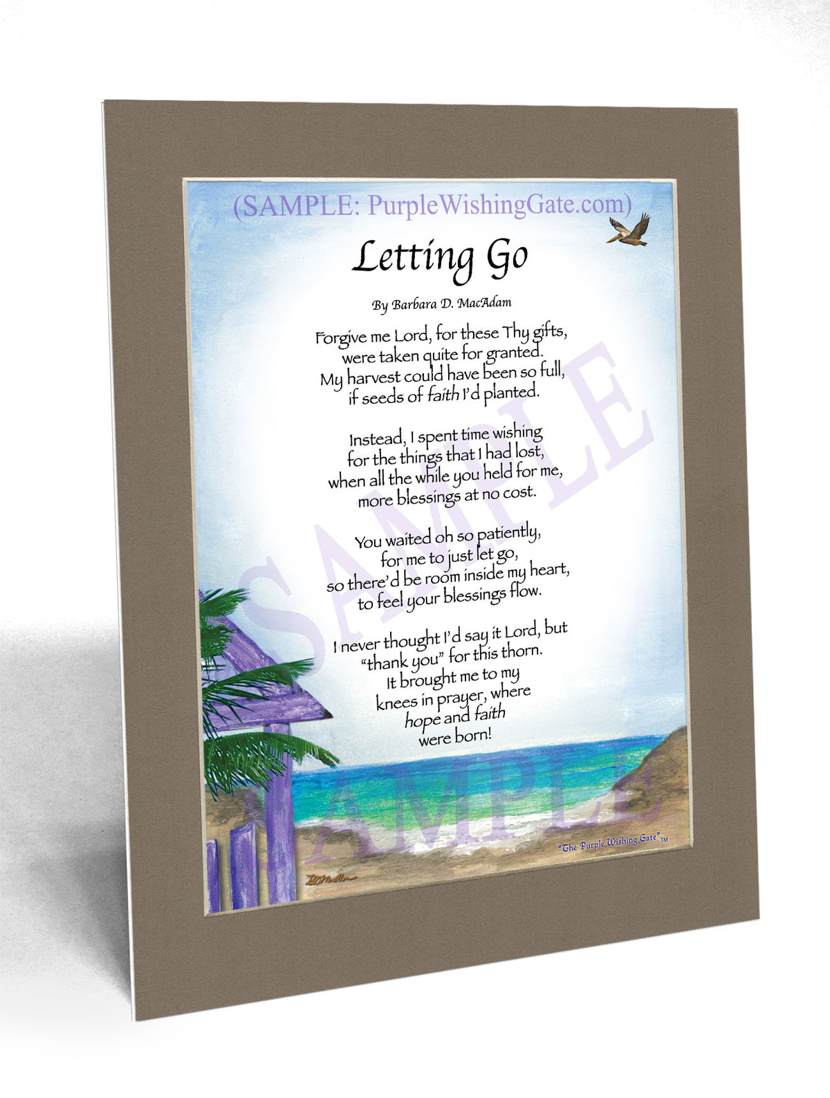 Letting Go poem on Paradise Cove artwork, shown as an 8×10 matted print.