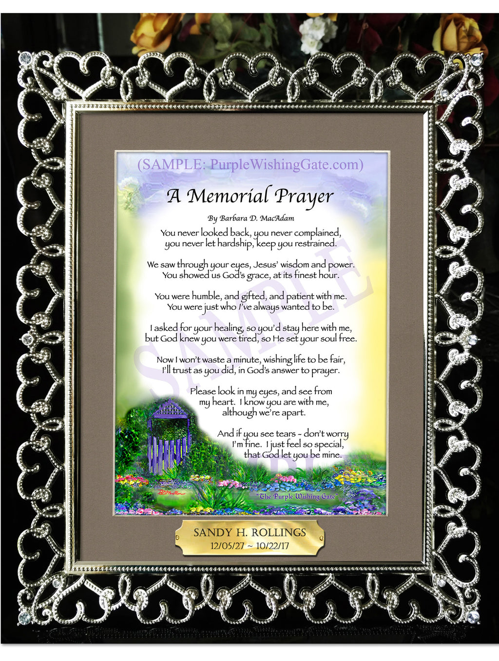 A Memorial Prayer: Purple Wishing Gate / 8x10 w/Nameplate / 8x10 Crystal-Silver Hearts
