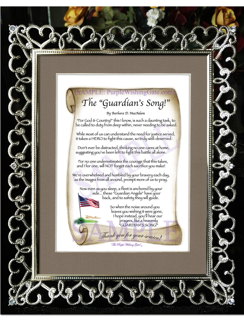 The Guardian's Song: Patriotic Scroll / 8x10 / 8x10 Crystal-Silver Hearts
