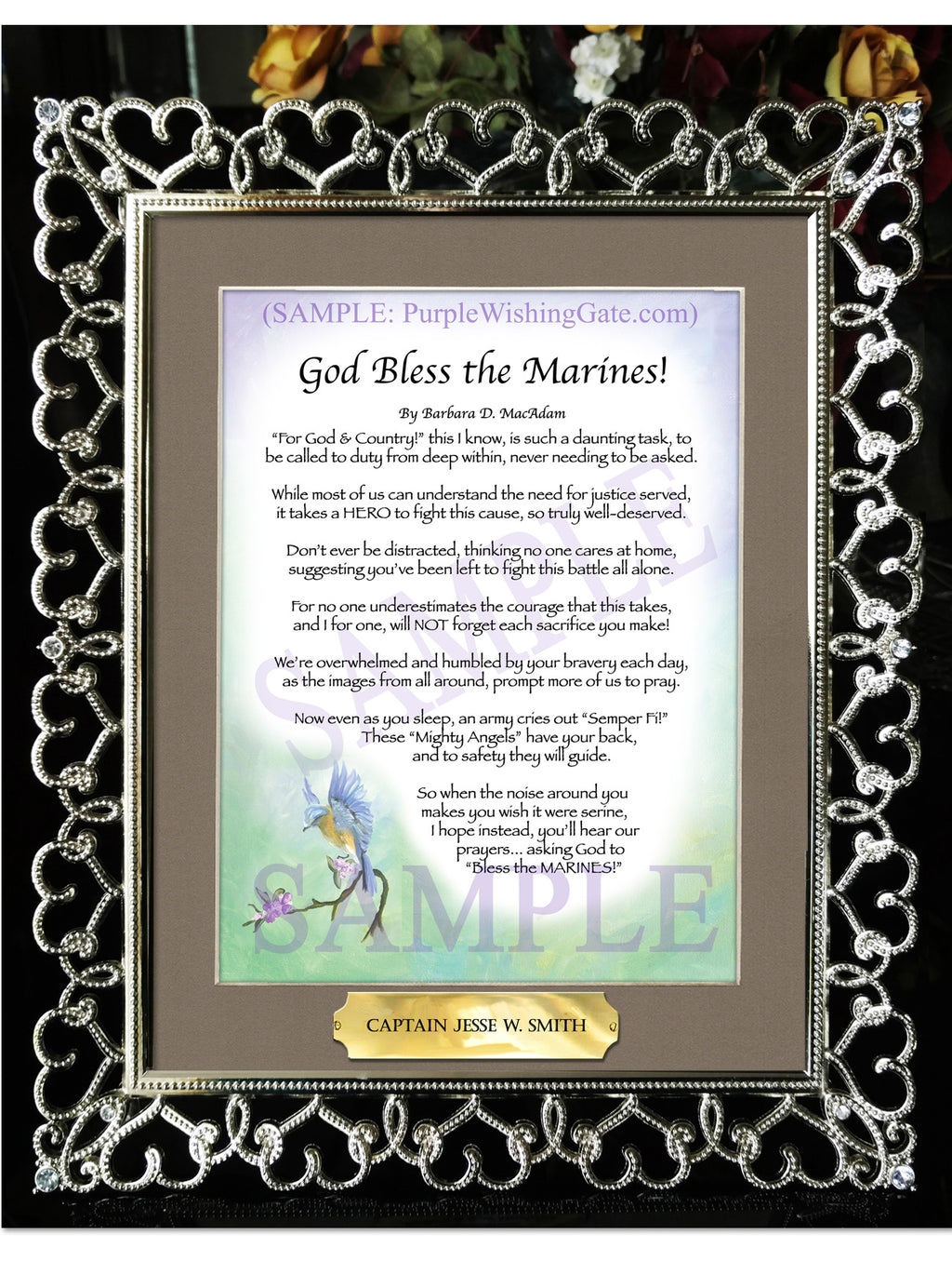 God Bless the Marines: Bluebird / 8x10 w/Nameplate / 8x10 Crystal-Silver Hearts
