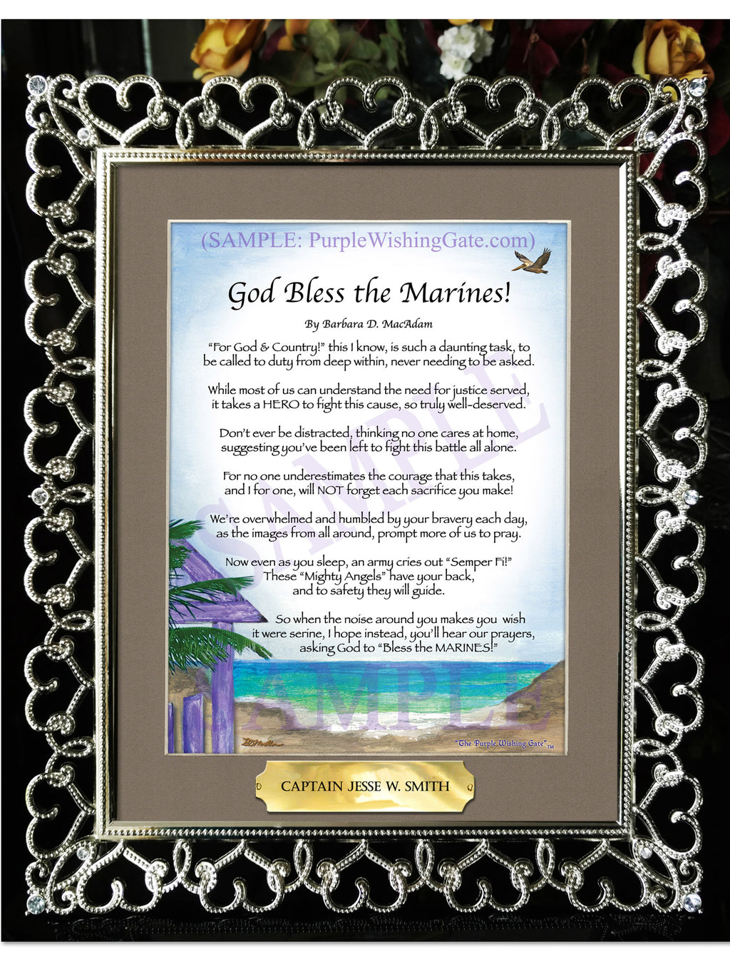 God Bless the Marines: Paradise Cove / 8x10 w/Nameplate / 8x10 Crystal-Silver Hearts

