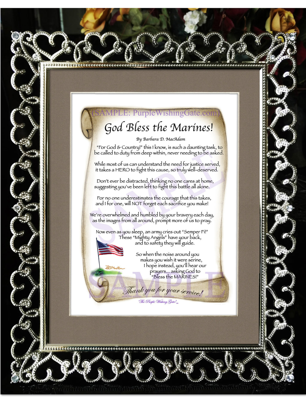 God Bless the Marines: Patriotic Scroll / 8x10 / 8x10 Crystal-Silver Hearts

