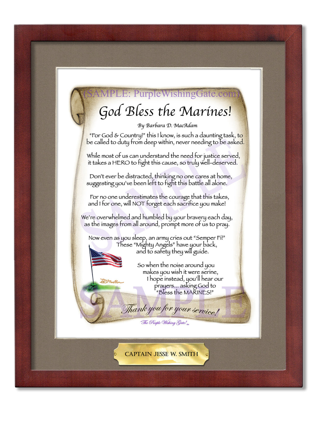 God Bless the Marines: Patriotic Scroll / 8x10 w/Nameplate / 8x10 Classic Walnut

