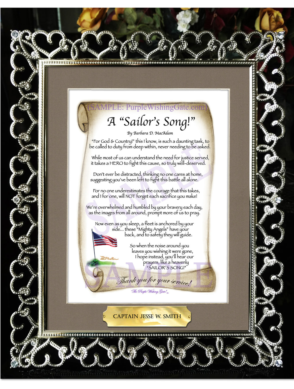 A Sailor's Song: Patriotic Scroll / 8x10 w/Nameplate / 8x10 Crystal-Silver Hearts
