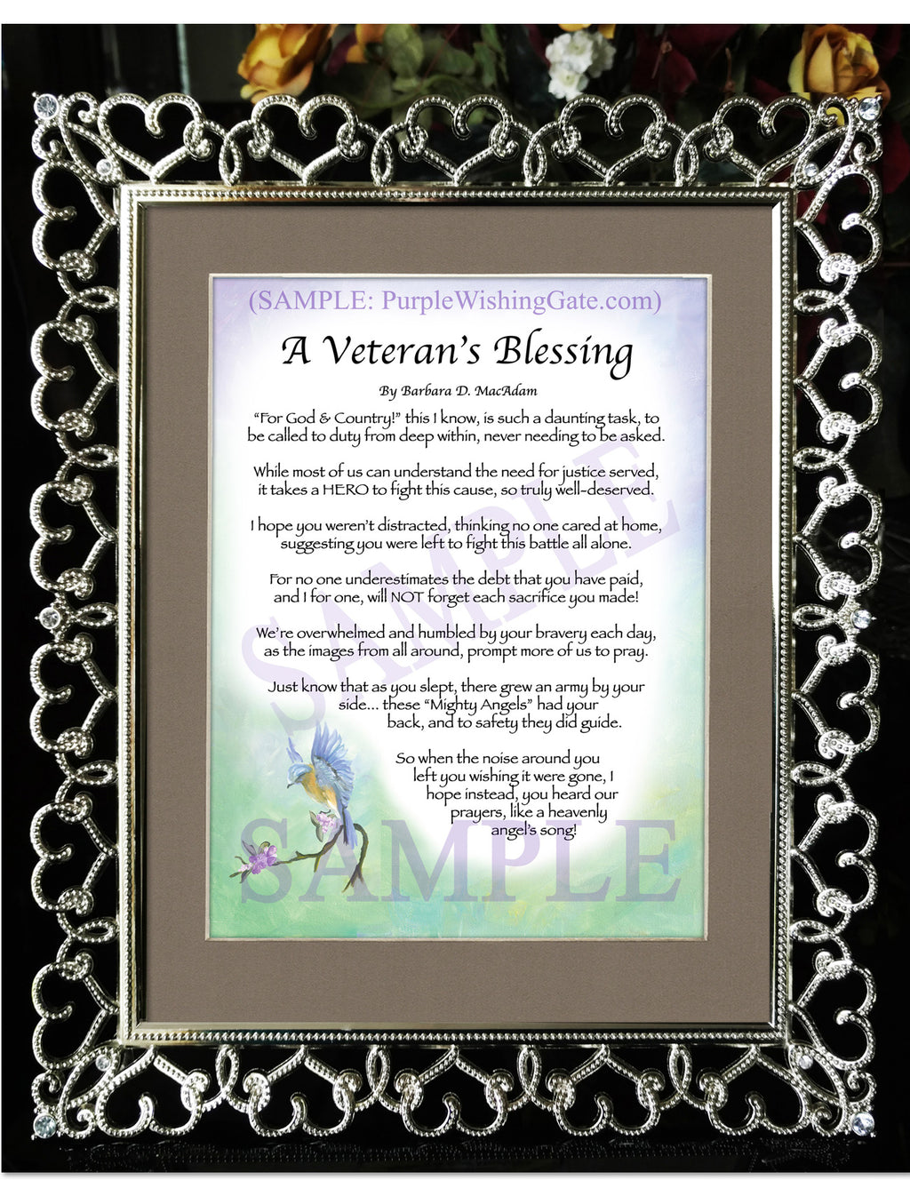 A Veteran's Blessing: Bluebird / 8x10 / 8x10 Crystal-Silver Hearts
