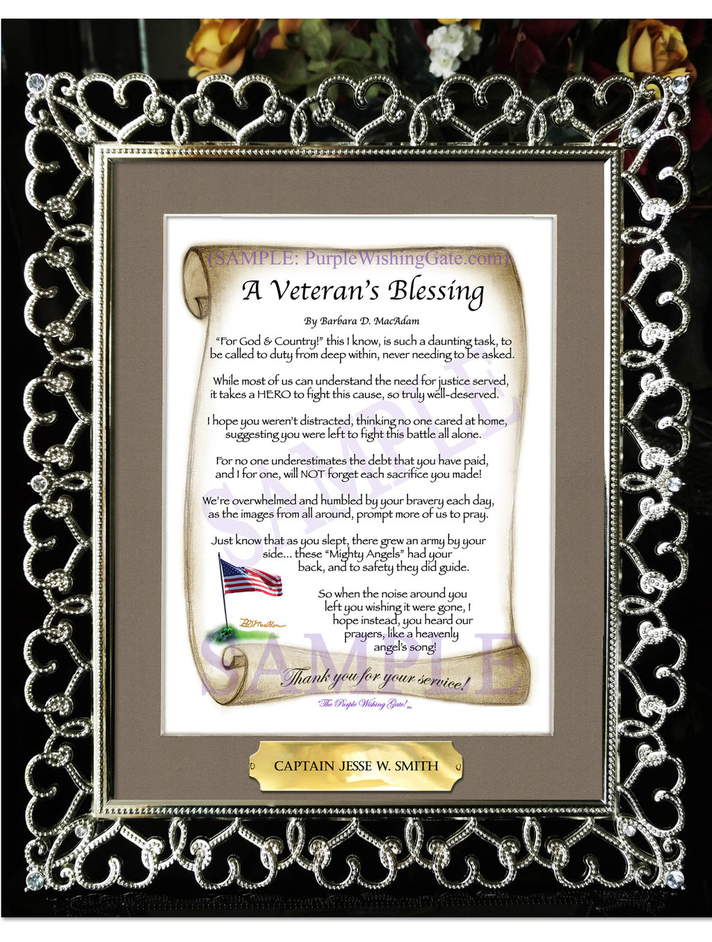 A Veteran's Blessing: Patriotic Scroll / 8x10 w/Nameplate / 8x10 Crystal-Silver Hearts
