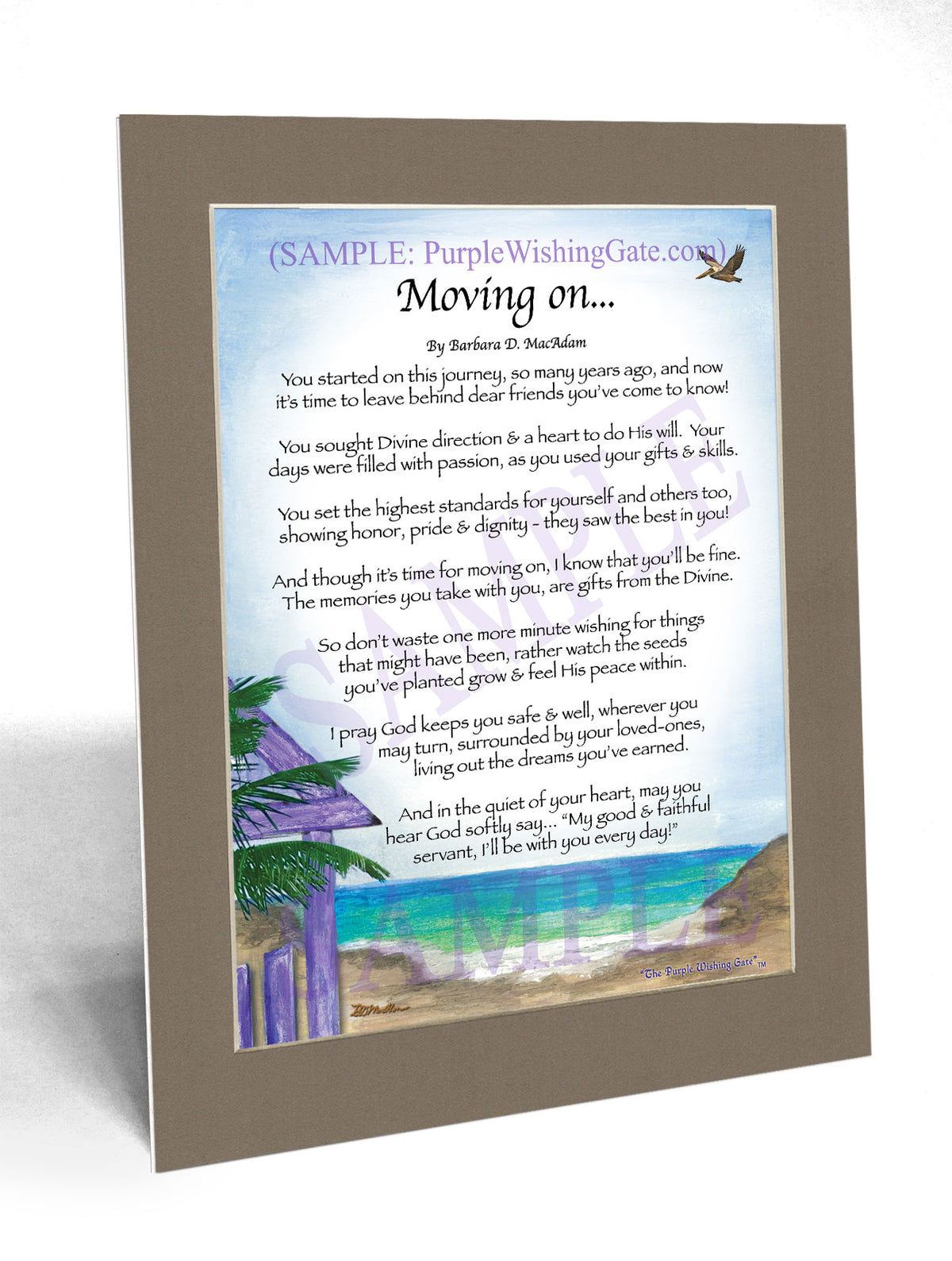 Moving On... poem on Paradise Cove artwork, shown as an 8×10 matted print.