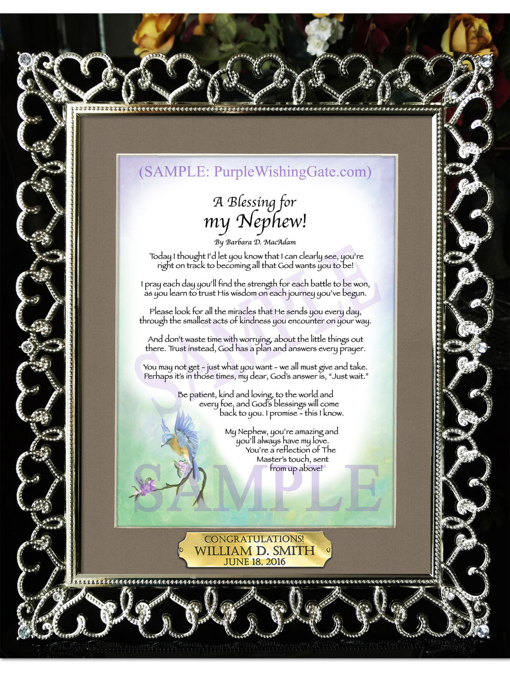 A Blessing for my Nephew (child-adult): Bluebird / 8x10 w/Nameplate / 8x10 Crystal-Silver Hearts
