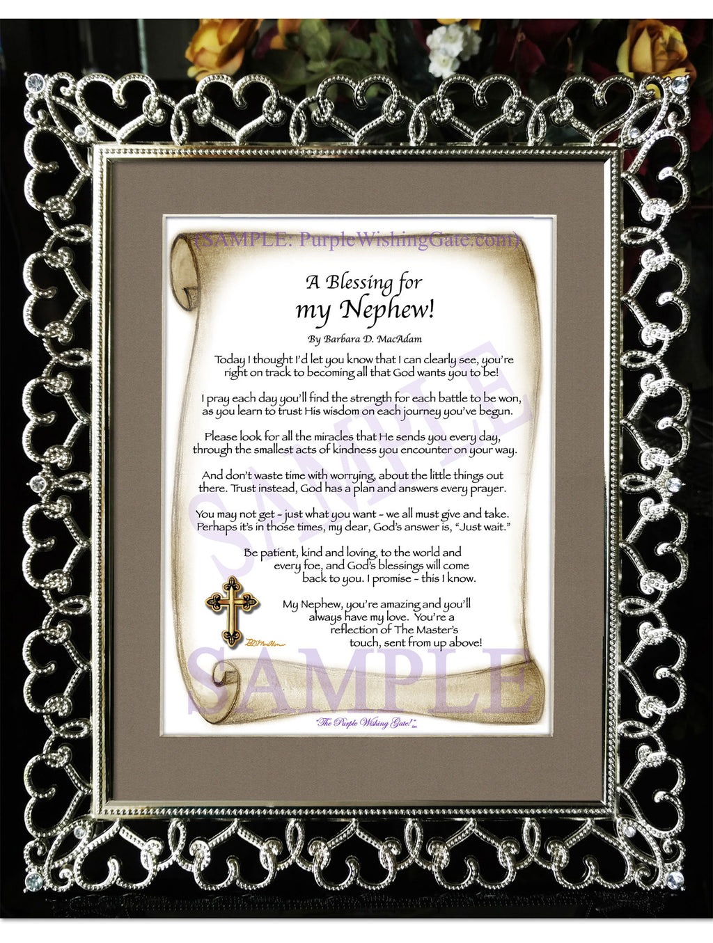 A Blessing for my Nephew (child-adult): Sepia Scroll / 8x10 / 8x10 Crystal-Silver Hearts
