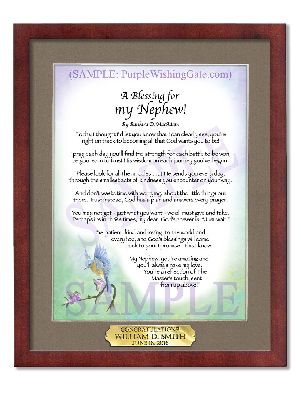 A Blessing for my Nephew (child-adult): Bluebird / 8x10 w/Nameplate / 8x10 Classic Walnut
