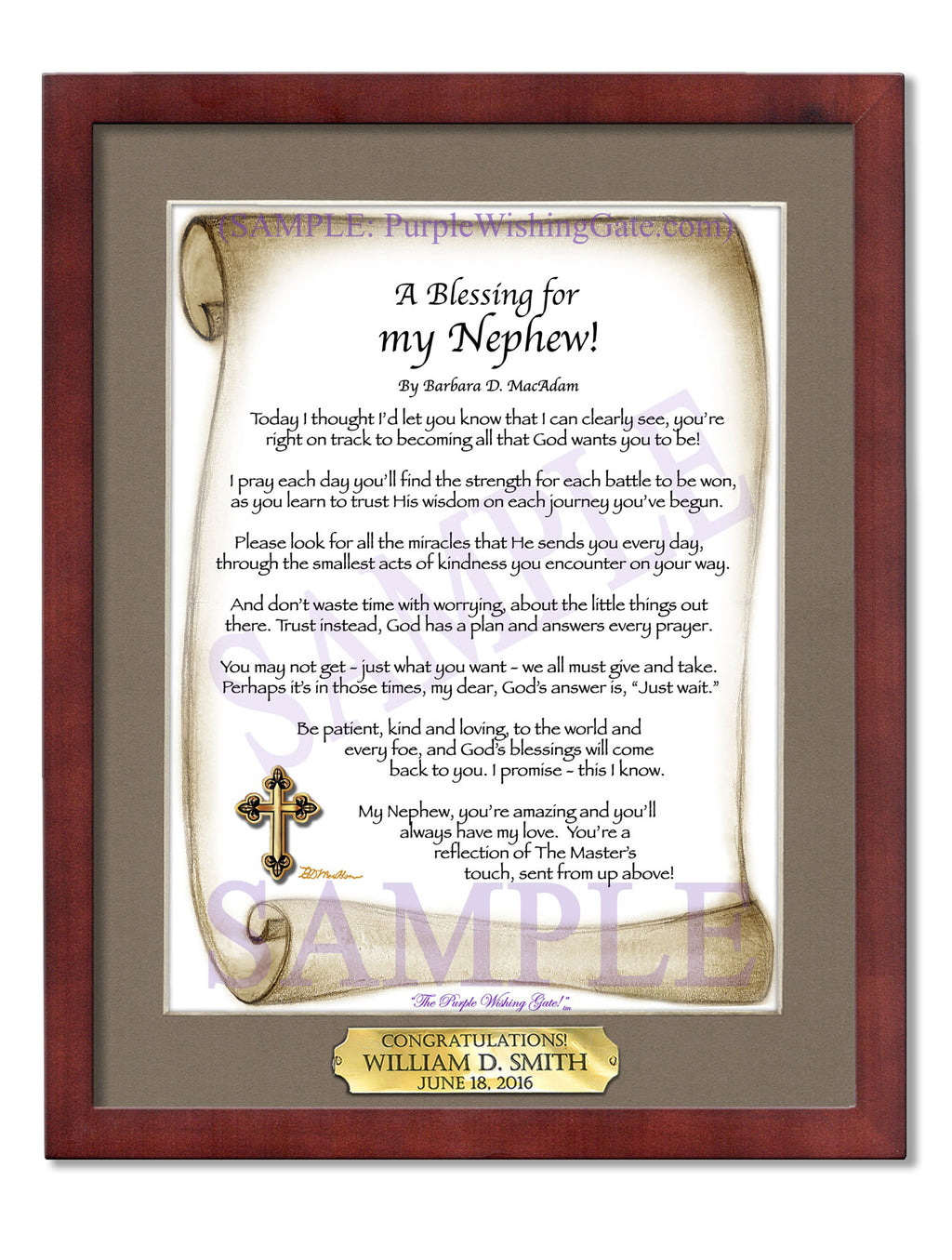 A Blessing for my Nephew (child-adult): Sepia Scroll / 8x10 w/Nameplate / 8x10 Classic Walnut
