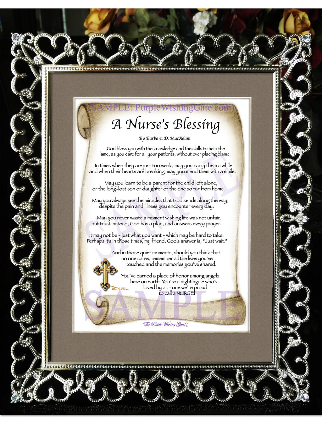 A Nurse's Blessing: Sepia Scroll / 8x10 / 8x10 Crystal-Silver Hearts
