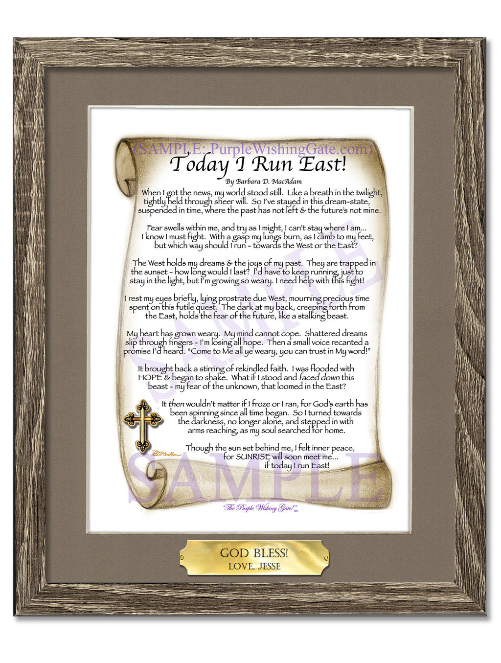 Today I Run East | Prayer of Hope: Sepia Scroll w/ Cross / 8x10 w/Nameplate / 8x10 Birchwood
