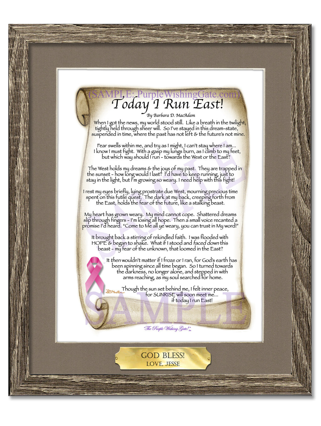 Today I Run East | Prayer of Hope: Sepia Scroll w/ Pink Ribbon / 8x10 w/Nameplate / 8x10 Birchwood
