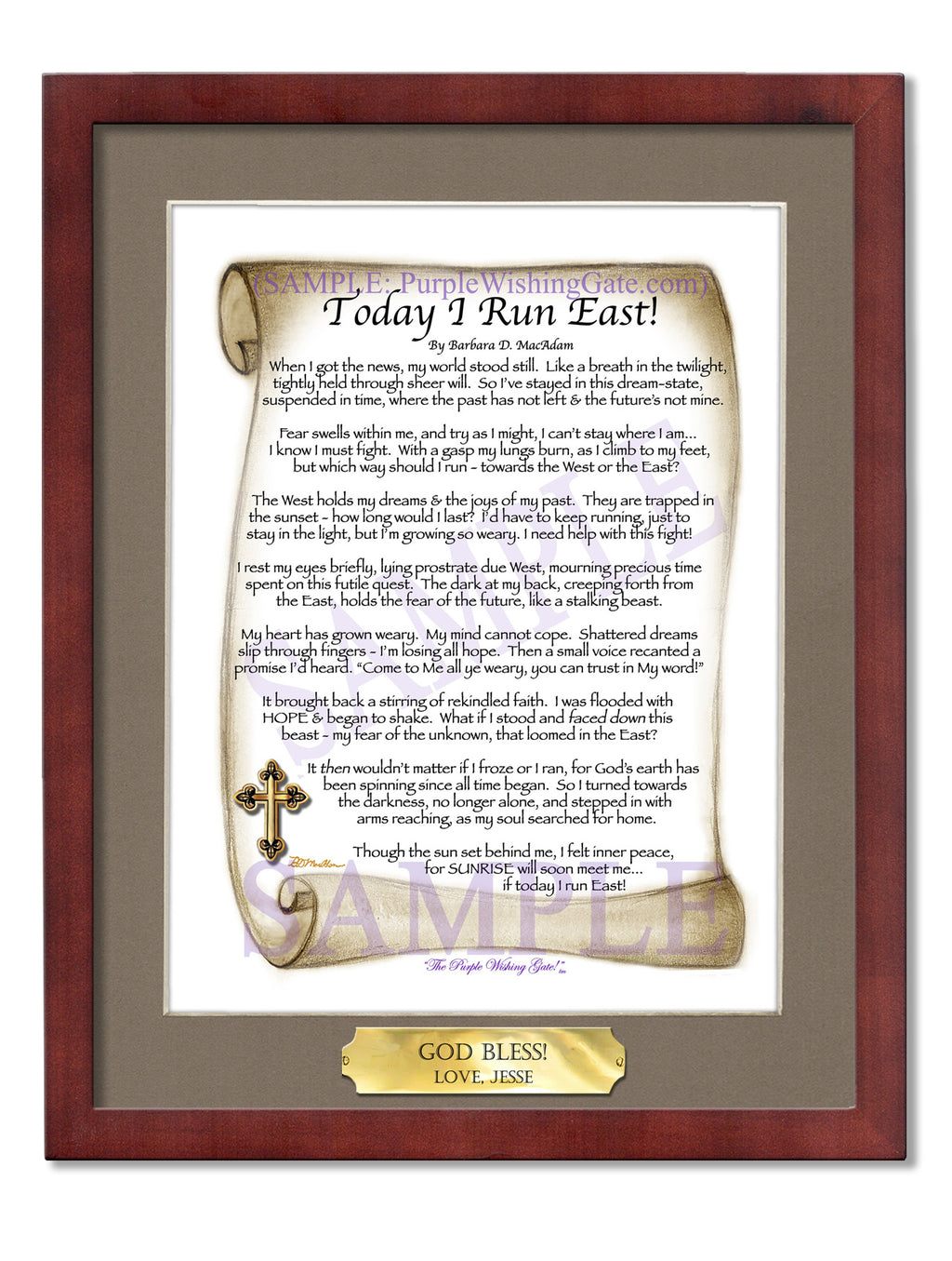 Today I Run East | Prayer of Hope: Sepia Scroll w/ Cross / 8x10 w/Nameplate / 8x10 Classic Walnut

